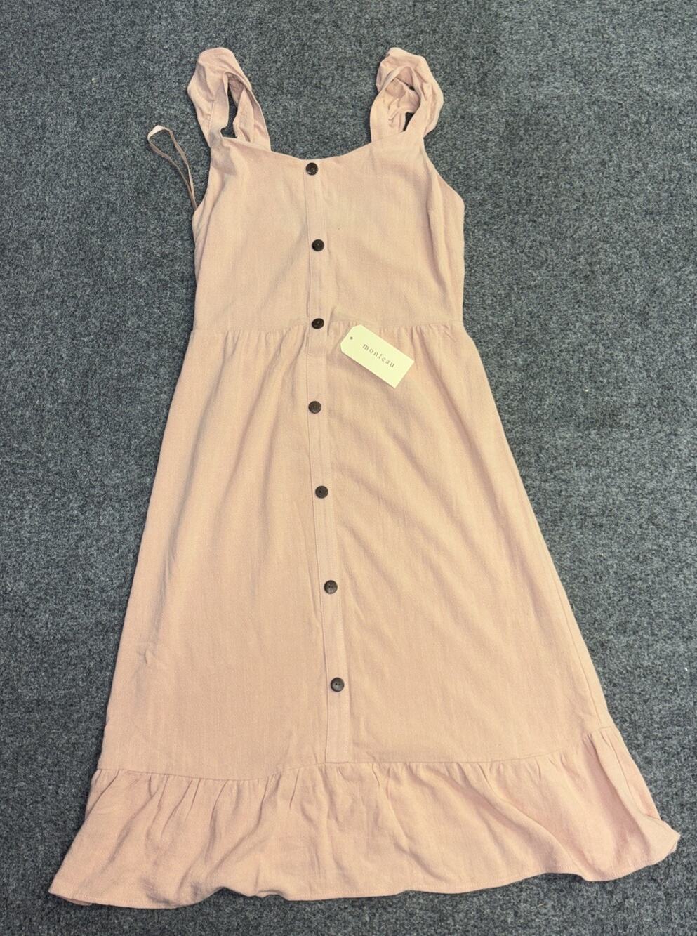 Monteau Los Angeles Women’s Med Pink Linen Blend Button Front Ruffle Hem Dress - Picture 1 of 5